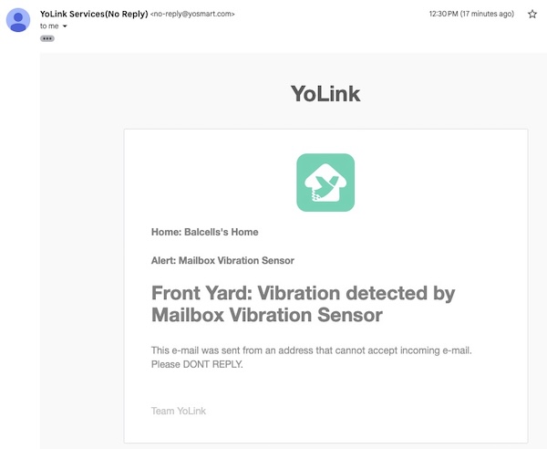 iPhone Alert notification of mail delivery by YoLink vibration sensor